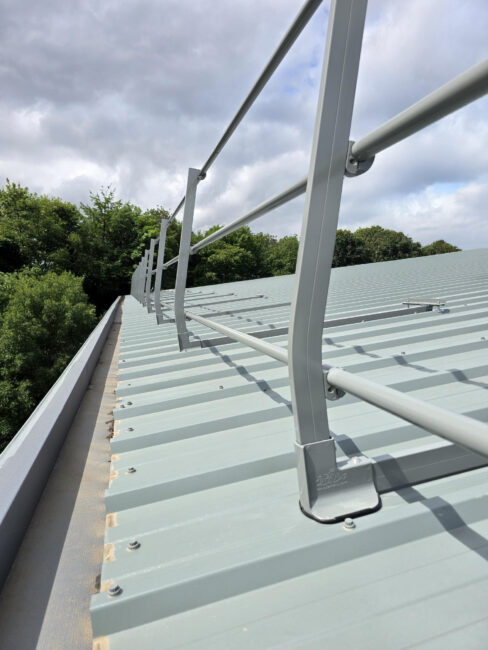 Barrial® Fixed Edge Protection Installed at Longley Farm Barrial® aluminium fixed edge protection installed on Longley Farm roof in Holmfirth, designed by Holme Architecture